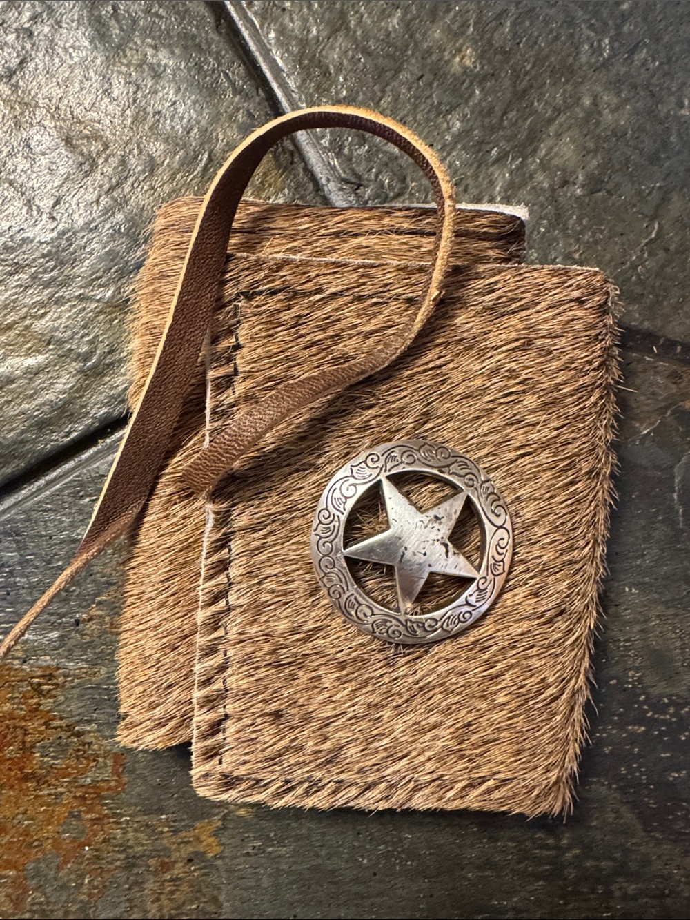 Western Hair-On Hide Cuff One Size with Star Concho Cowboy Rodeo Featival - Picture 5 of 6